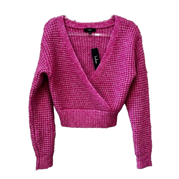 Lulu's Barbie Pink NEW Knit Size S Faux Wrap Crop Long Sleeve Pullover Sweater - Picture 1 of 11